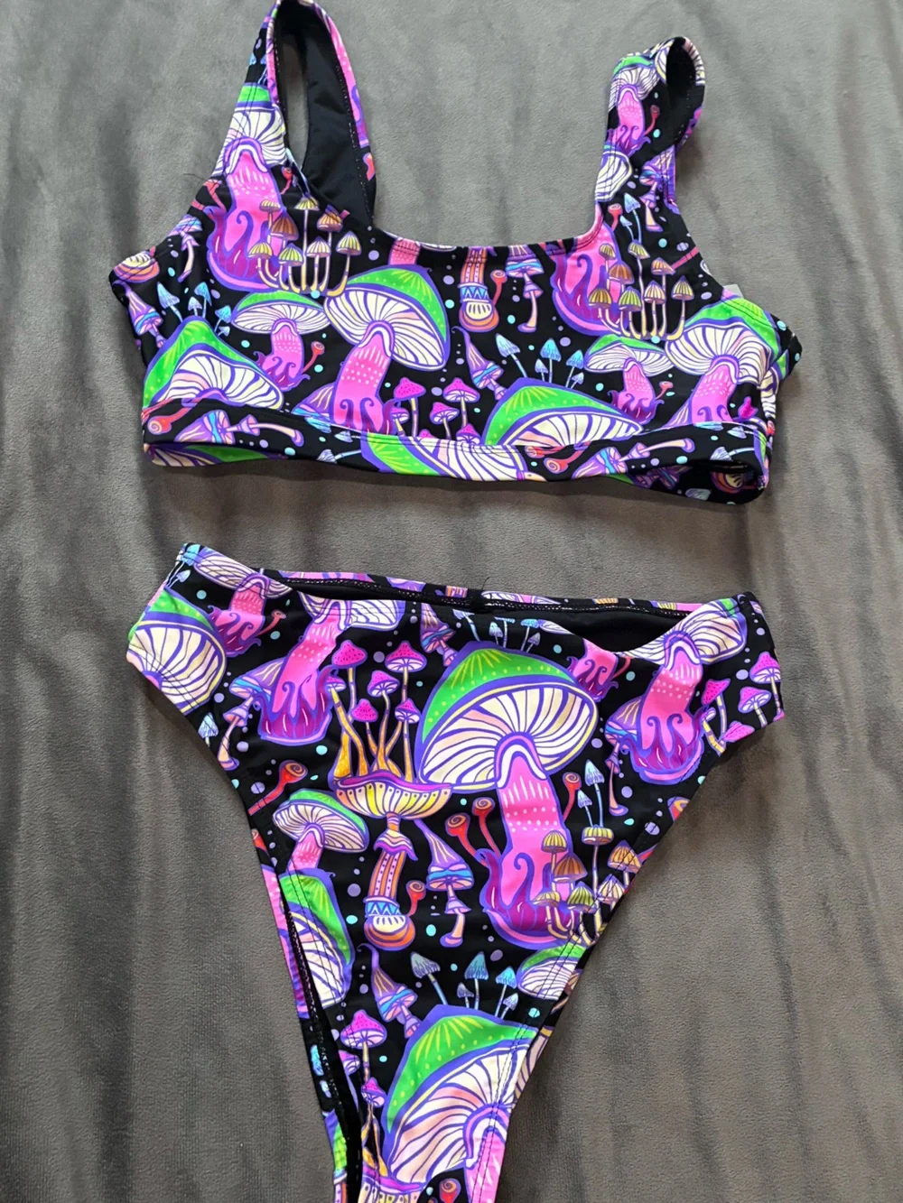 Fashion Nova Black Swimsuit with Neon Purple & Green Mushroom Print